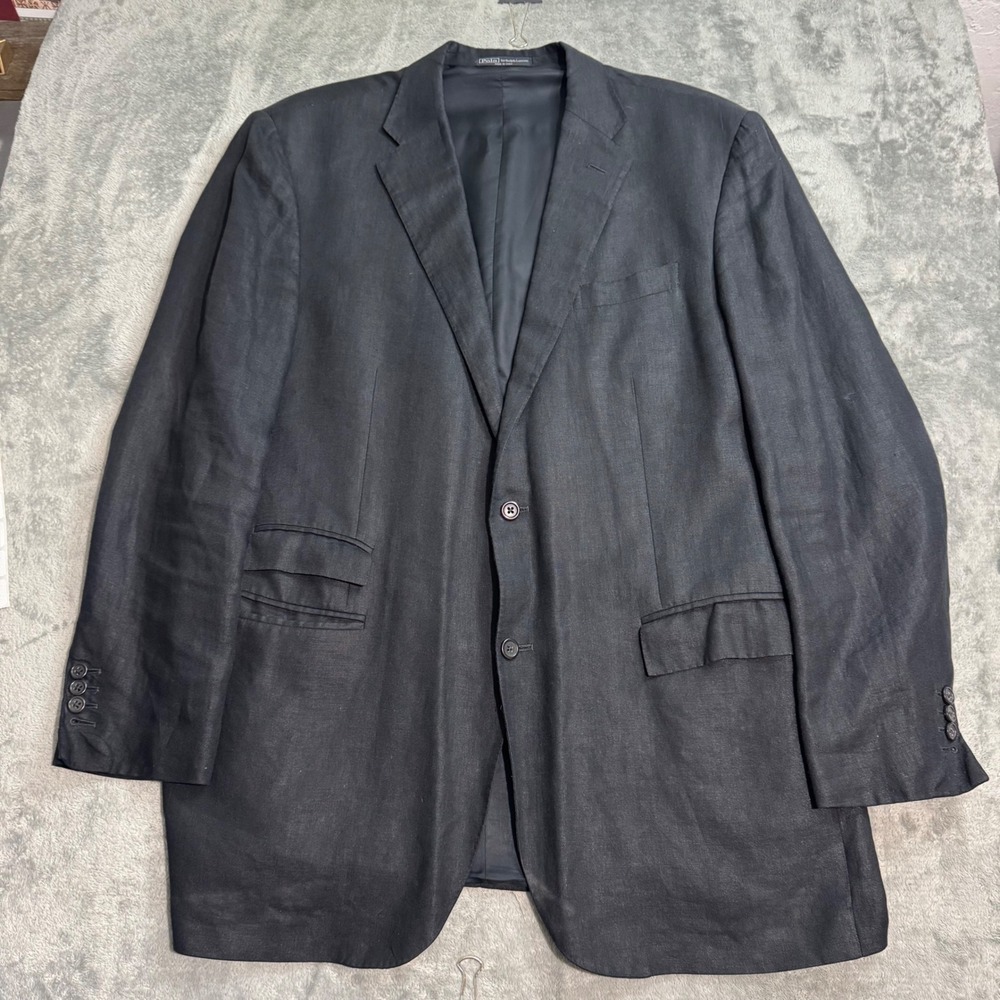 Vintage Polo Ralph Lauren Black 100% Linen Blazer Made in Italy Mens 48 XL